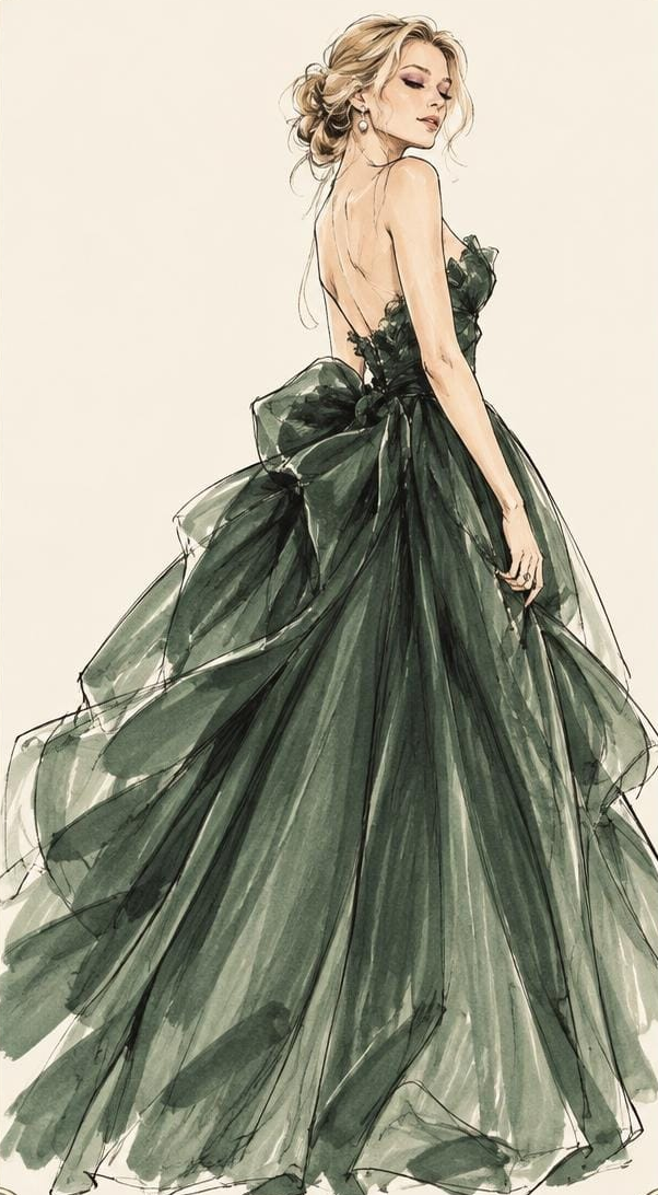 Croquis robe de bal verte